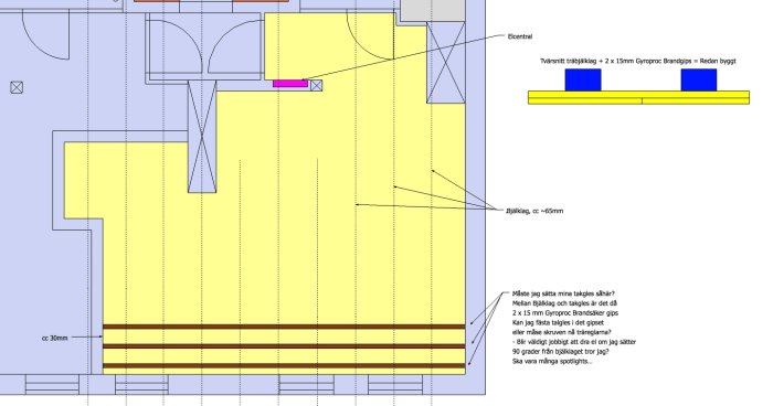 Ritning som visar källartak med gulmarkerad brandgipset, streckade linjer för bjälklag på cc 65 cm och planerade gles.