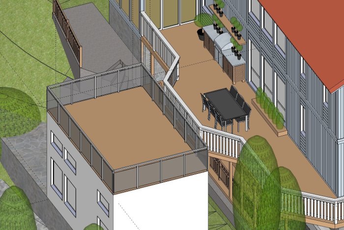 3D-ritning av attefallshus intill en större byggnad med terrasser som inte sitter ihop.