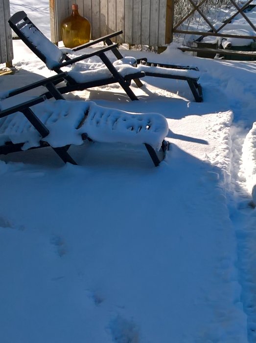 Solstolar täckta med snö står ute i vinterlandskap trots vårkänsla i texten.