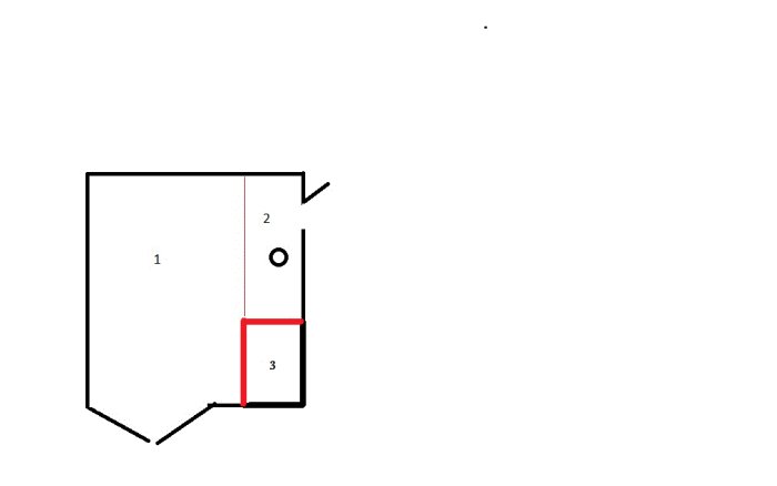 Ritning av en planlösning som visar rum nr 1 och nr 3 markerat i rött för borttagning.