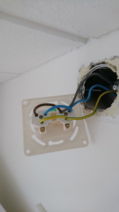 Öppet elektriskt uttag på vägg med anslutna bruna och blå kablar samt jordkabel, redo för seriekoppling.