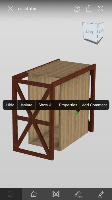 3D-modell av ett rullställning i trä med menyer för redigering och kommentarer.