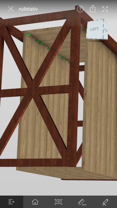 3D-rendering av trästöd och balkar i ett pågående byggprojekt-designprogram.