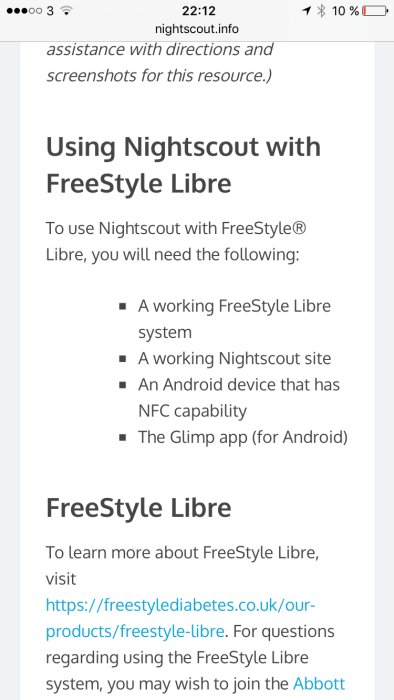Skärmdump visar webbsida om Nightscout med FreeStyle Libre, krav på Android och NFC för användning.