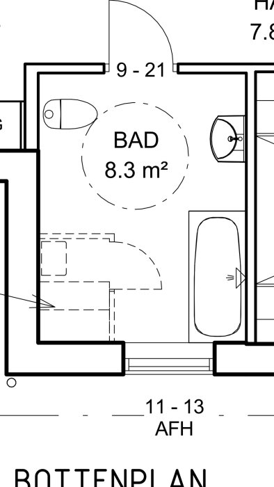 Ritning av ett badrums planlösning på 8.3 m² som överväger plats för bastu.