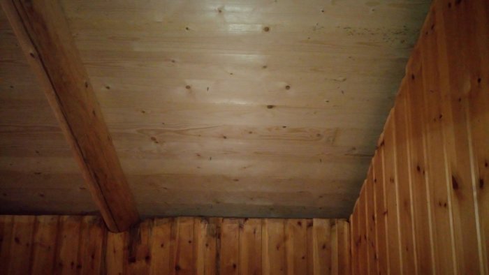 Inredningsbild som visar en timmervägg och en del av ett oisolerat trätak med synlig bjälke.