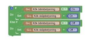 Skärmdump av programmeringsblock som styr kökets bänkbelysning och skåpbelysning.