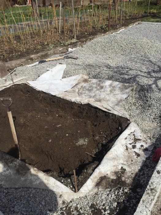 Grävningsarbete för odling, 40-50 cm jord uthuggen, omgiven av makadam och byggverktyg.