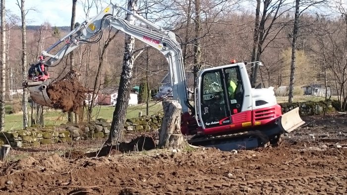 Grävmaskin som lyfter en stor stubbe på en uppluckrad tomt med stubben i förgrunden och stenmur i bakgrunden.