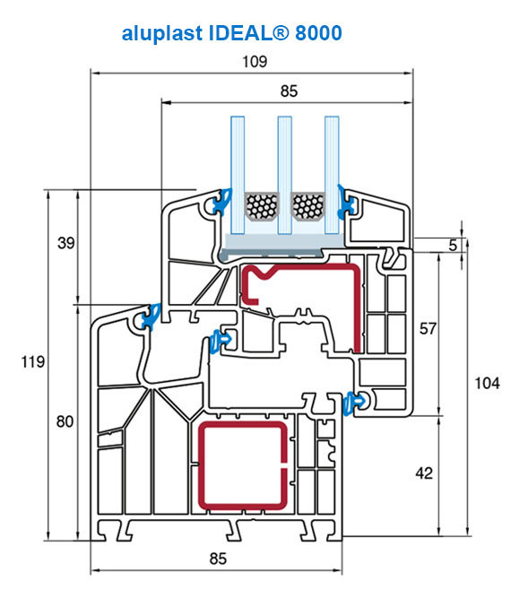 Sektionsritning av Aluplast Ideal® 8000 PVC-fönster med mått och profilkomponenter.