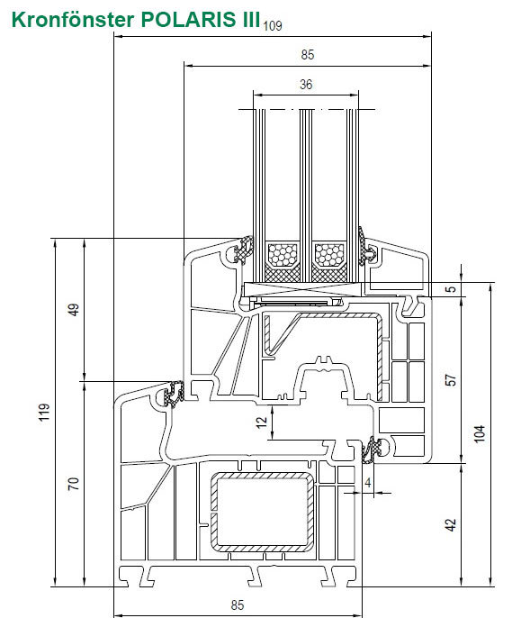 Sektionsritning av Kronfönster POLARIS III PVC-fönster med mått och struktur detaljerat.