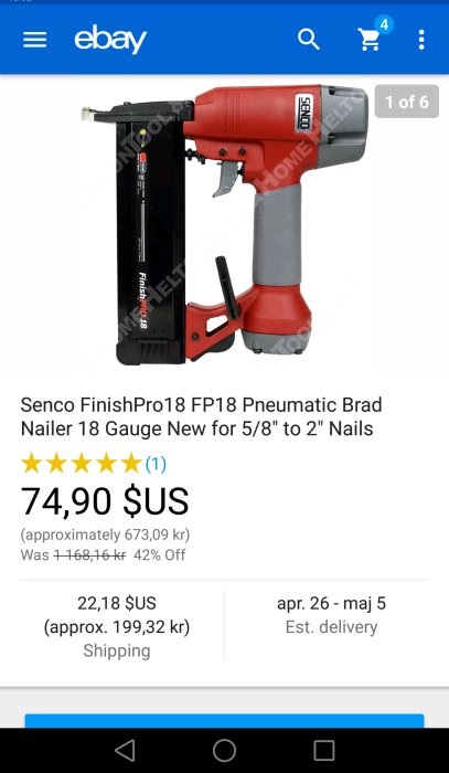 Röd och grå pneumatisk spikpistol från Senco FinishPro18 för 5/8" till 2" spikar.