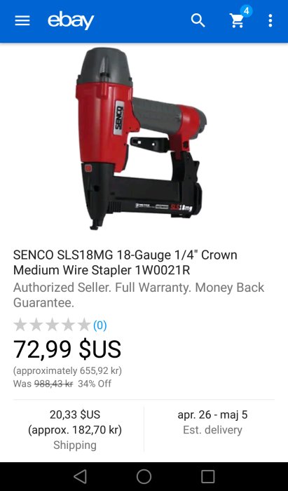 Röd och svart SENCO SLS18MG 18-Gauge häftpistol på en webbutikssida.