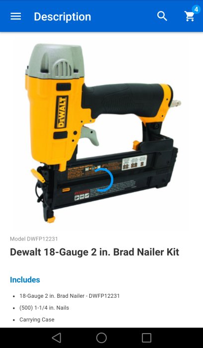 Dewalt 18-Gauge 2 tum Brad Nailer, modell DWFP12231, framför vit bakgrund, diskussion om bästa verktyget.