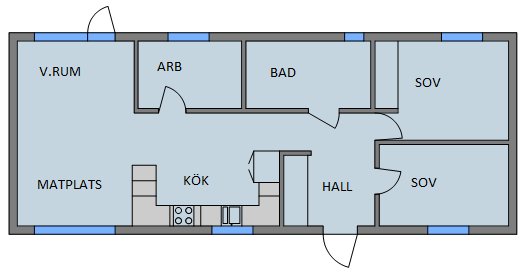 Ritning av en lägenhetsplan med vardagsrum, arbetsrum, badrum, två sovrum, kök, matplats och hall.