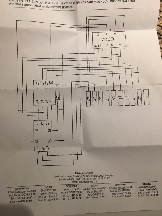 Fotografi av ett kopplingsschema för elinstallation med märkningar för inkommande L1, L2, L3 och jord samt utgående U2, V2, W2.