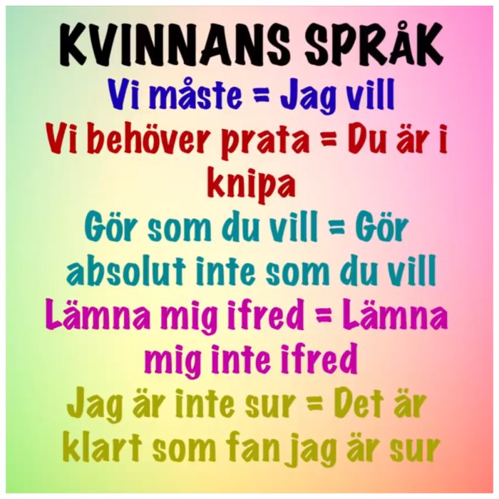 Bild med text som humoristiskt översätter fraser i "kvinnans språk".