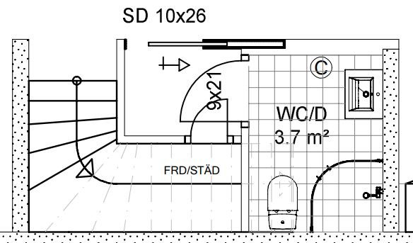 Ritning av ett badrum med markerad öppning för skjutdörr utan golvlist, mått 100x270cm.