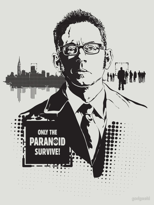 Illustration av en man i kostym med texten "Only the paranoid survive!" och en suddig stadsbild i bakgrunden.