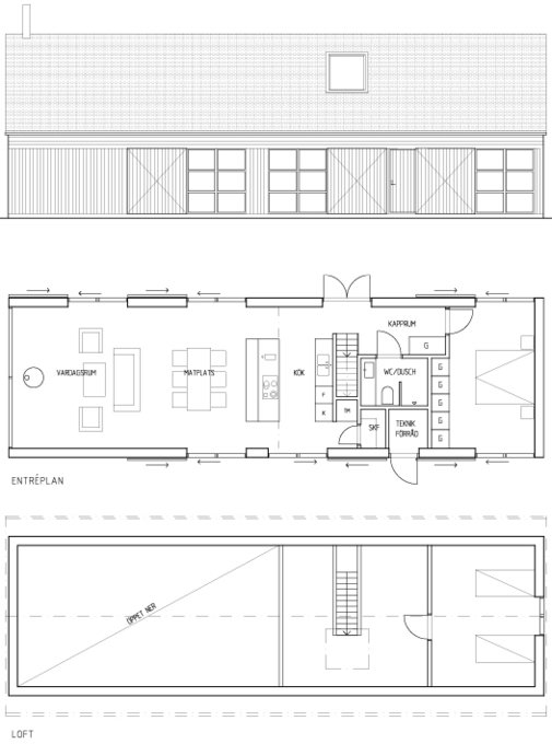 Arkitektritningar av ett hus med fasadvy, bottenvånings- och loftplan från Arvesund.