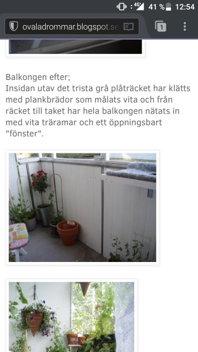 Balkong med vita plankbrädor, blomkrukor och öppningsbart nätat område på överdelen.
