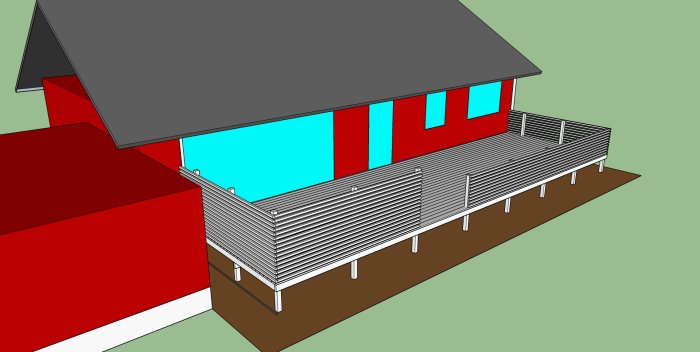 Skiss i 3D av ett rött hus med en planerad lång altan utan tak längs baksidan.