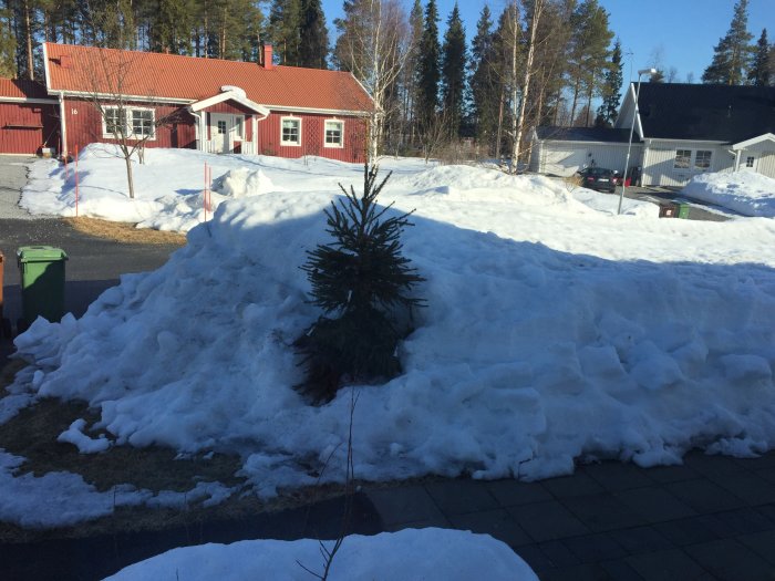 Vy över en uppfart med cirka 80 cm snö och högre snöhögar längs kanterna vid hus i soligt väder.