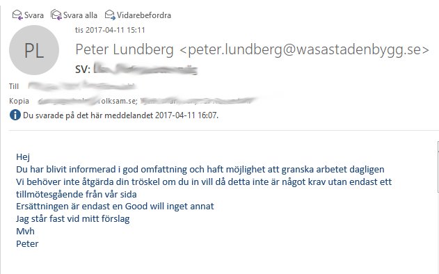 E-postkonversation där 'Peter Lundberg' svarar på ett krav på åtgärder angående byggarbete.