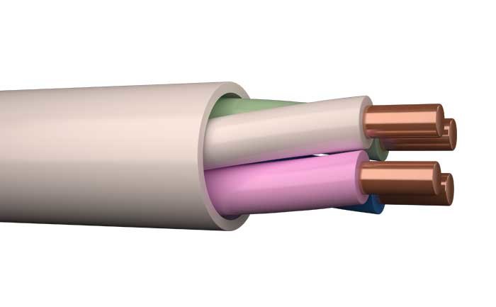 ELQB-kabel med kopparledare omslutna av färgade isoleringar i grönt, vitt och blått samt ett grått ytterhölje.