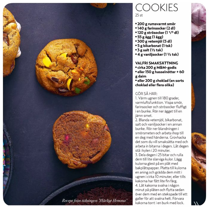 Hemlagade cookies med färgglada godisbitar, receptingredienser och tillagningssteg noterade vid sidan.