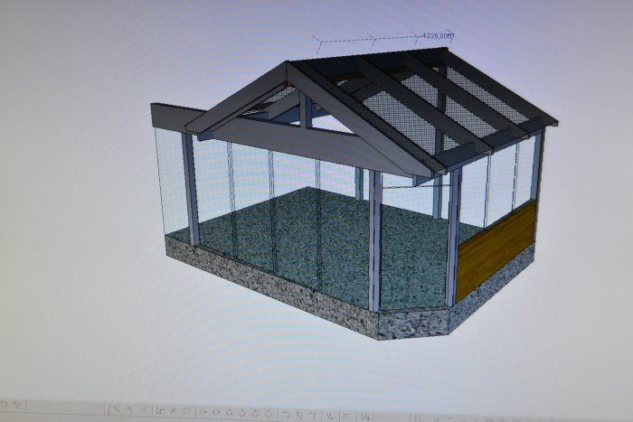 3D-modell av en modern utedesign med limträbalkar och stora skjutdörrar.
