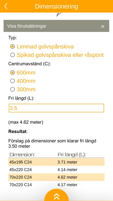 Skärmdump av dimensioneringsverktyg för byggprojekt med olika regelavstånd och föreslagna trädimensioner.