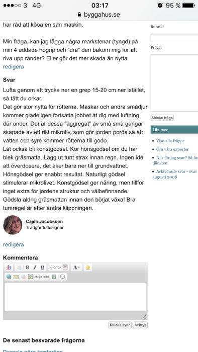 Skärmdump av ett diskussionsinlägg på bygghus.se om jordförbättring och gödsling av gräsmatta.