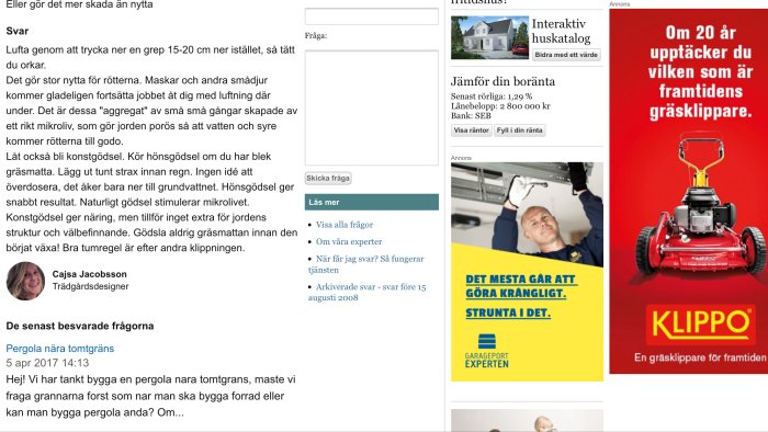 Skärmdump av ett diskussionsforum där en expert svarar på frågor om trädgårdsskötsel och annonser visas runtom.