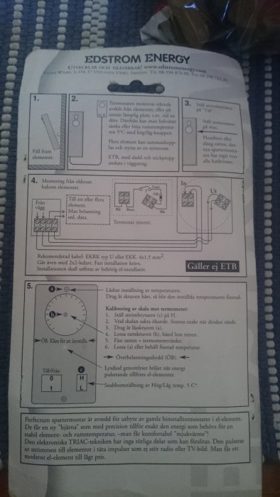 Instruktionsblad för termostat med kopplingsscheman och beskrivning av inställningar.