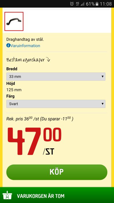 Skärmdump av Byggmax produktannons visar ett svart draghandtag av stål med prisinformation.