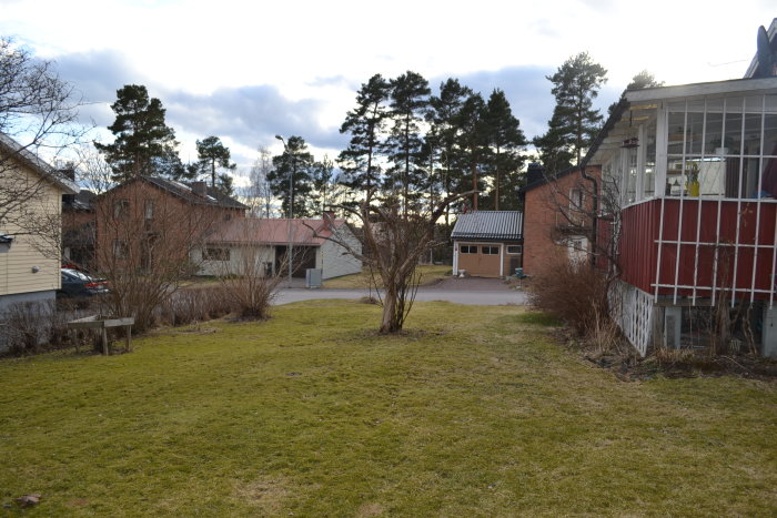 Trädgård med gräsmatta och träd, hus från 1957 och garage i bakgrunden.