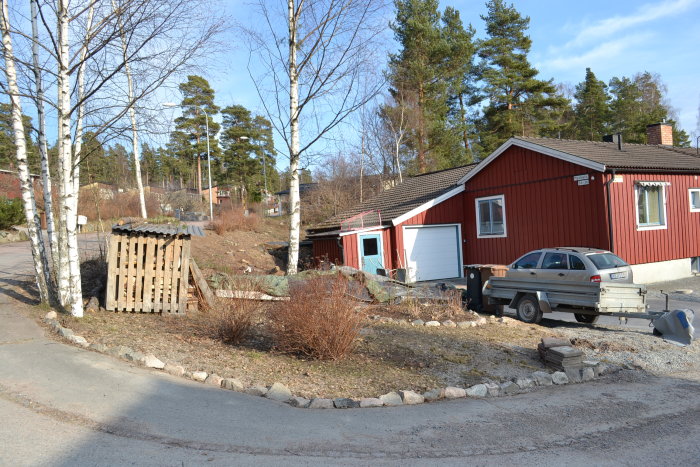 Trädgård framför röd trävilla efter borttagning av växter och träd, med synlig skogstomt i bakgrunden.