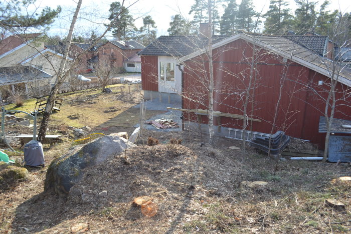 Trädgård med kulle och sten, nyligen planterade växter och ett rött hus i bakgrunden.