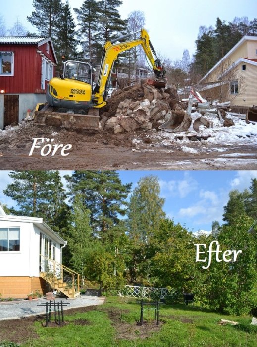 Före-och-efter-bilder av trädgårdsombyggnation, först med grävmaskin och kaos, sedan en återställd trädgård.