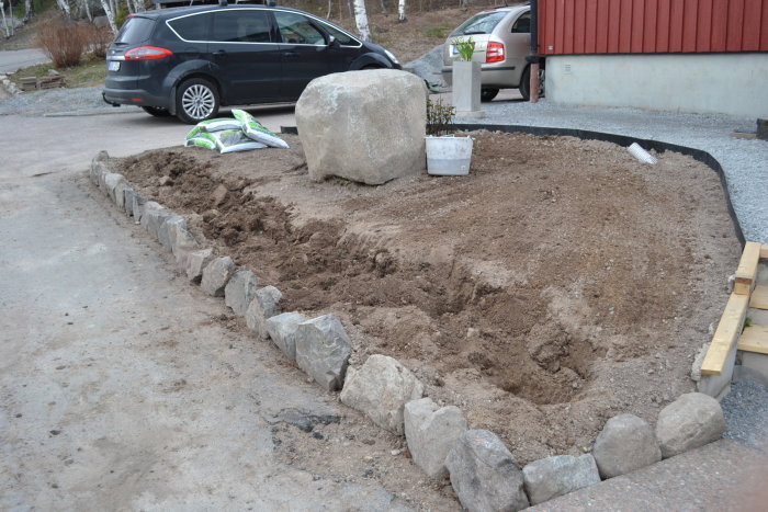 Nyanlagd perennrabatt framför huset med stor sten, naturstensmur och jordklargjort för plantering.