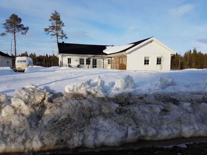 Gräsmatta täckt av snö framför en vit villa under en vinterdag.