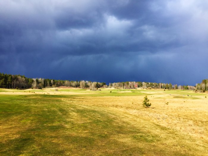 Mörka moln över en golfbana med kontrast mellan solig äng och hotfull himmel.