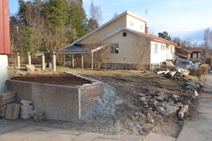 Trädgårdsland under anläggning med nyplanterad jord, stenmur och byggmaterial vid ett hus.