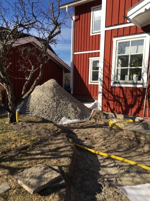 Utomhusarbete med grushög, grävd grävning och material vid röd trähusfasad under klart himmel.