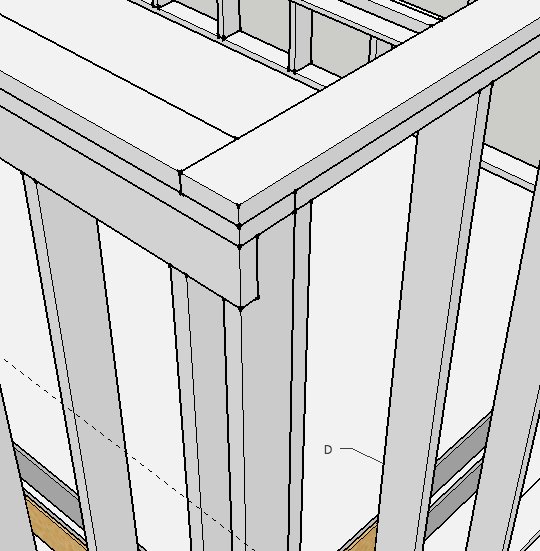 3D-skiss av takstolar och väggkonstruktion i ett byggprojekt.