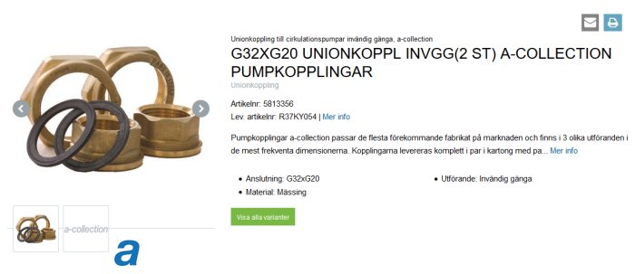 Två mässingsfärgade pumpkopplingar med G32xG20 dimension och tillhörande tätningar visas bredvid produktbeskrivning.