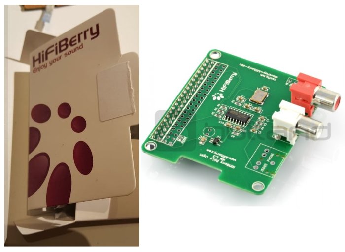 HifiBerry-ljudkort för Raspberry Pi med RCA-uttag och GPIO-gränssnitt, produktförpackning i bakgrunden.