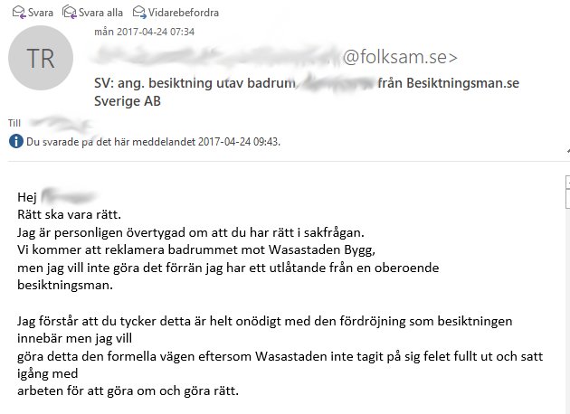 Skärmdump av ett e-postmeddelande gällande besiktning av badrum med textdialog.