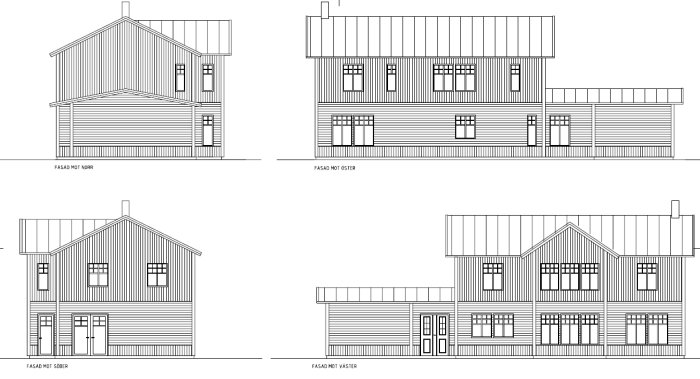 Arkitektoniska ritningar av ett hus visande fasader mot norr, öster, söder och väster.